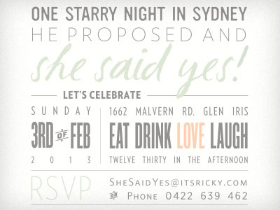 Bottom half of our engagement invitation. apricot drink engagement invitation laugh love sage