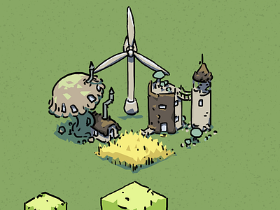 Wheat, weird houses and wind energy derelict flat colour green house isometric mushroom symmetrain weird wind energy