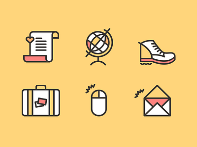 Travel Manifesto Icons bag brand branding email envelope globe heart hiking iconography icons letter logo manifesto mark mouse script shoe suitcase travel