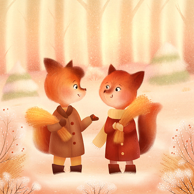 Two Little Foxes Are Walking In The Forest animals atmosphere book cover book spread character design childrens book childrens book illustration cozy cute cute illustration forest fox illustration kidlit kidlit illustration kids illustration mascot winter