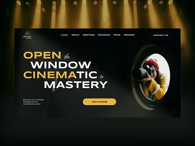 Landing | Website for online filmmaking school | Hero section black cinematic course dark background dreamerline e learning education film filmmaking landing landing page learning online class online course online school school ui webdesign website yellow