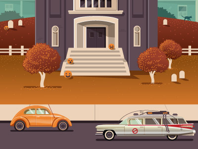 Poster Detail car church fall ghostbusters halloween illustration moosylvania tombstone tree