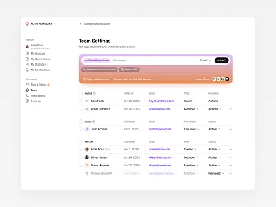 Team Settings - Invite Members app block card clean design desktop interface invite light theme list members minimal navigation saas settings table ui ux web workspace