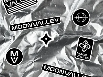 Moon Valley Brand Identity Sticker Designs black branding bw design earth foil geometric graphic design icon illustration logo mark skincare space stars sticker vector white