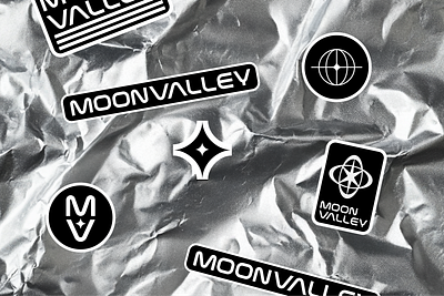 Moon Valley Brand Identity Sticker Designs black branding bw design earth foil geometric graphic design icon illustration logo mark skincare space stars sticker vector white