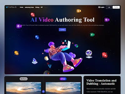 AI Video Creating Software Landing Page ai ai design content creation design digital media marketing subtitles tool ui ui design user experience user interface ux ux design video authoring video editing video localization visual design web design website