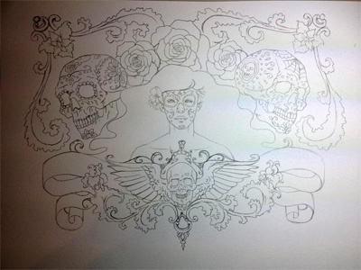 Muertos lines banner day of the dead dia de los muertos drawing filigree muertos rococo skull