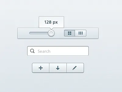 Subtle UI Elements actions add buttons control download edit glyph icons input pictogram search segmented slider tooltip