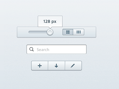 Subtle UI Elements actions add buttons control download edit glyph icons input pictogram search segmented slider tooltip