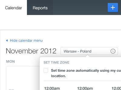 Time zone blue calendar dark gray dropdown form pop up ui ux website white