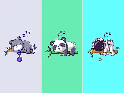 Sleeping With What They Love🐼🧑🏻‍🚀😴 animals astronaut bamboo branch branding cartoon cat character cute doodle dream flat icon illustration lay on logo panda sleeping space star