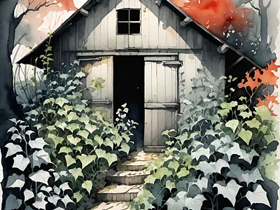 An old and forgotten barn barn beautiful forgotten illustration nature nostalgia nostalgic old overgrown plants watercolor