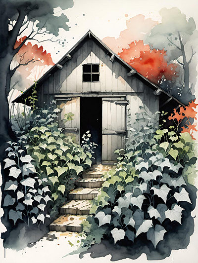 An old and forgotten barn barn beautiful forgotten illustration nature nostalgia nostalgic old overgrown plants watercolor