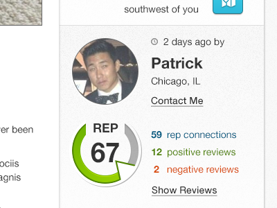 Seller profile on item listing page - Reppio circles circular meter rep reppio reputation score ui web