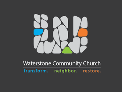 Waterstone Logo blue charcoal church green grey logo orange pebbles rocks