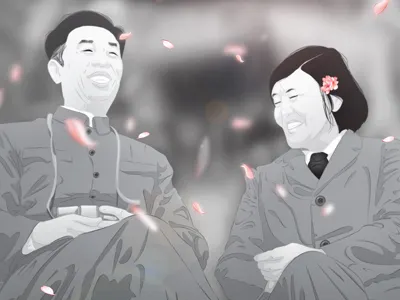Grandparents in Communist Revolution China black and white cherry blossoms china communist revolution grandparents illustration photoshop vector