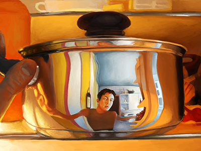 Self-portrait art fridge illustration kitchen pan reflection self portrait