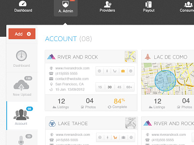 Account Tab add admin button call check color dashboard icon listing map statuts thumbnail tile website