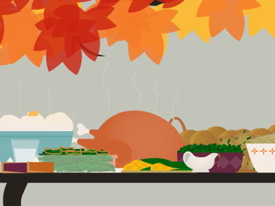 Thanksgiving Feast beans corn dinner table food gravy holiday illustration milk noodles pie potatoes rolls thanksgiving turkey