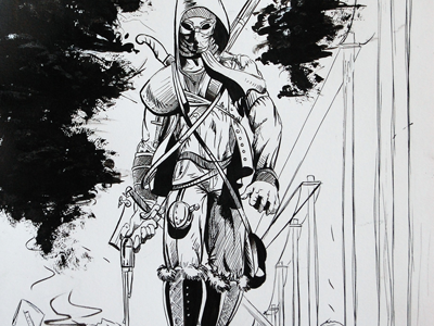 K.o.F. ink/ Nomad black and white bounty hunter character design comic book contour lines desert drawing guns hoodie sweatshirt india ink john bunyan nomad open road pen and ink pilgrims progress post apocalypes swords telephone poles