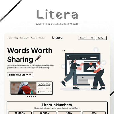 Litera Landing Page – Where Stories Come to Life articlewebsite cleandesign creativeplatform designinspiration figma modernui neo brutalism responsivedesign storytellingdesign ui uiuxdesign userengagement webdesign