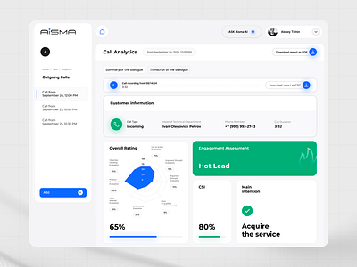 AISMA admin panel ai analytics dashboard call analytics call center clean design crm customer engagement customer service dashboard data visualization minimalist ui modern design product design saas ui user interface ux voice analytics web app