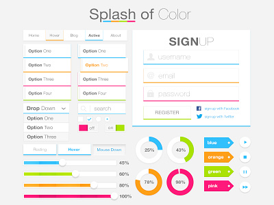 Splash of Color UI Kit buttons elements form kit loading navigation search sign up tags ui web