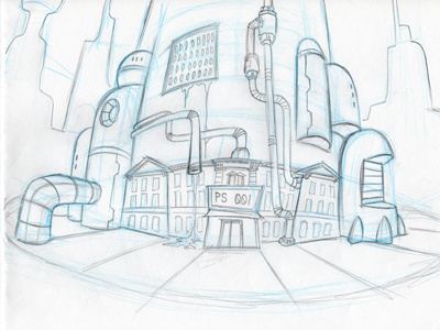 Damaged: PS 001 background city concept art damaged high school invader zim liz miele ps robot rough school sketch web series