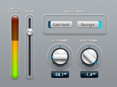 audio UI blue chrome circular cyan glow indicator knob level meter light metal round shiny slider switch turn volume