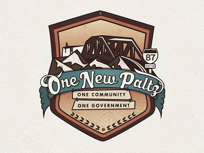 New Paltz, New York Consolidation Logo badge branding campaign consolidation emblem identity illustration logo logo mark mountians ribbon town typography unity village vintage