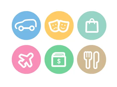 App Icons car circle colorfull culture food glyph icons ios iphone money pictogram plane shopping travel