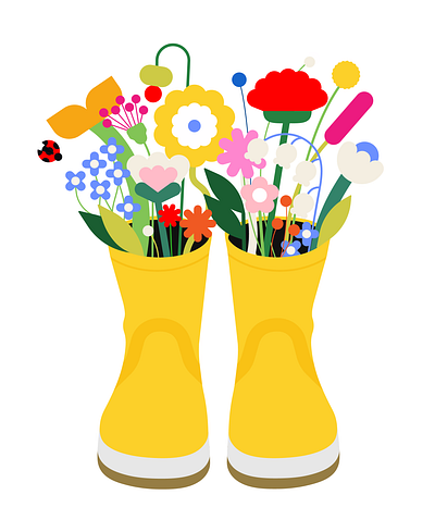 Flowers in a rainboots_bright ver bright daily life design floral flower garden graphic graphic design happy icons illustration rain rainboots spring vector art