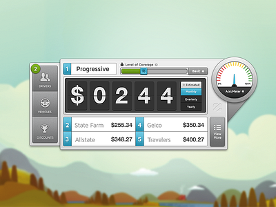 Auto Insurance Comparison Tool auto console coverage dashboard discounts drivers gauge insurance landscape level meter notification prices slider ui ux vehicles view more