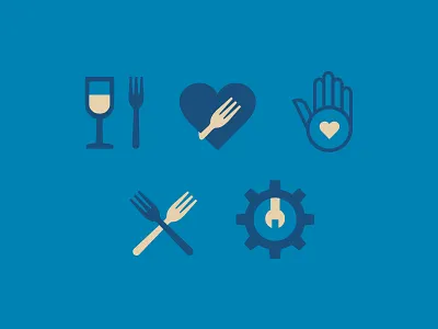 GrubTonight App Iconography blue cog fork gold heart high five icon settings tan wine hand wrench