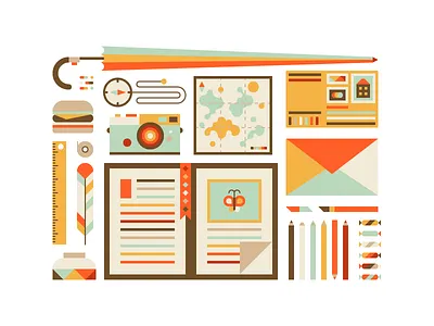 travel book bookmark brush burger butterfly camera candy compass envelope eraser feather inkwell map pencil ruler scotch stamp tablet umbrella