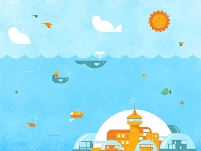 An Ocean Day architecture building city cute dangerdom dominic flask fish flat fun illustration mid century ocean sea submarine sun texture vector whale