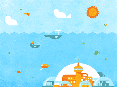 An Ocean Day architecture building city cute dangerdom dominic flask fish flat fun illustration mid century ocean sea submarine sun texture vector whale