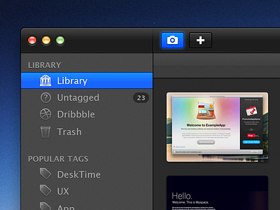 Image Library add app application black button buttons capture dark dribbble file grid interface library mac native sidebar tags thumbnails toolbar ui