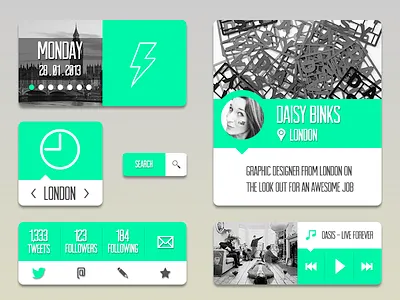 Widgets interface music music player profile screendesign social widget time twitter ui weather weather widget widget widgets