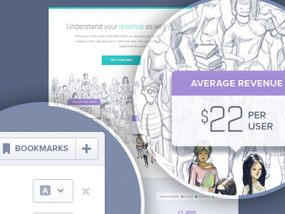 Revenue Analytics Feature Page blue chart depth graph mixpanel purple teal ui