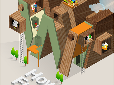 W as 'WORK' illustration isometric letter w