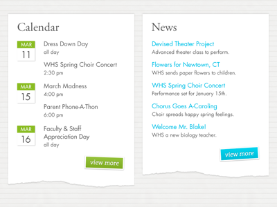 Calendar & News Feeds blue button cal calendar events feed gray green news paper recent news stripes white