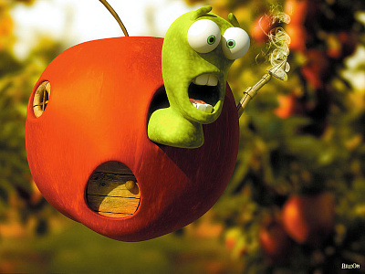 Li at His Home 3d animation apple cartoon cgi green illustration red tv worm