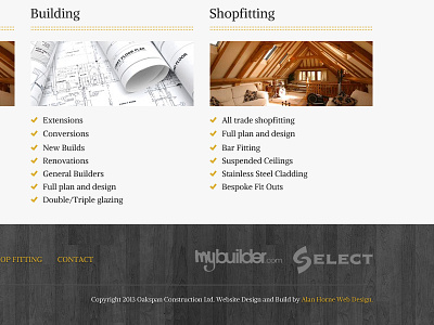 Footer Design building dark footer logo menu shopfitting wood