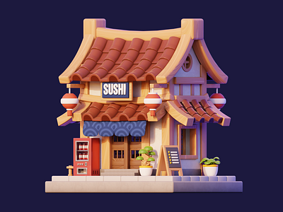 Stylized Japanese Sushi Shop - 3D Illustration 3d architecture building game assets illustration japanese japanese house stylized sushi sushi shop