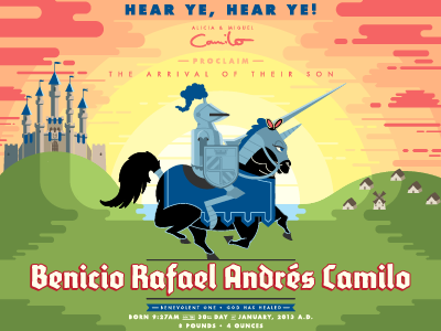 final birth announcement! armor baby birth announcement blackletter bubble castle fanfare fantasy futura horse illustration knight medieval minimal poster sunset vector