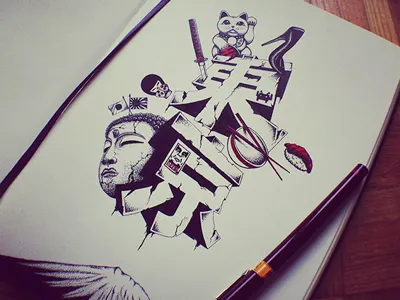 Tokyo doodle black buddha detail dot dots illustration japan tsunami