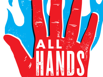All Hands blue fire hand illustration overlay red shirt texture