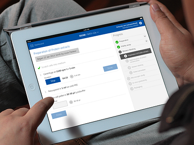 Biotech iPad prototype app blue clean dashboard form grid indicator interface ipad labs metro mobile progress tabs ui ux white wizard