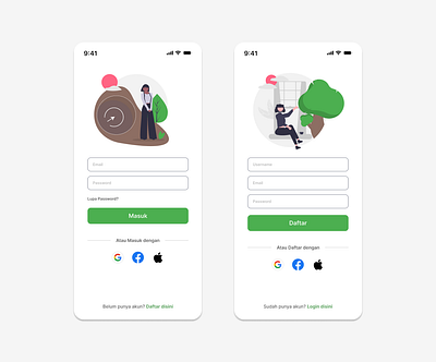 Log In and Sign Up Screen Digital Reforestation Platform daftar green log in log in mobile masuk mobile screen sign up sign up mobile tree ui design